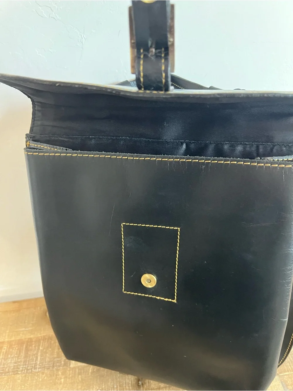 Classic Black Leather Travel Backpack with Brass Buckle Womens